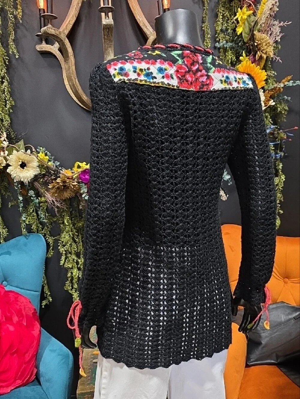Rare! Free People Black Crochet Tunic with Red & Green Floral Yoke
